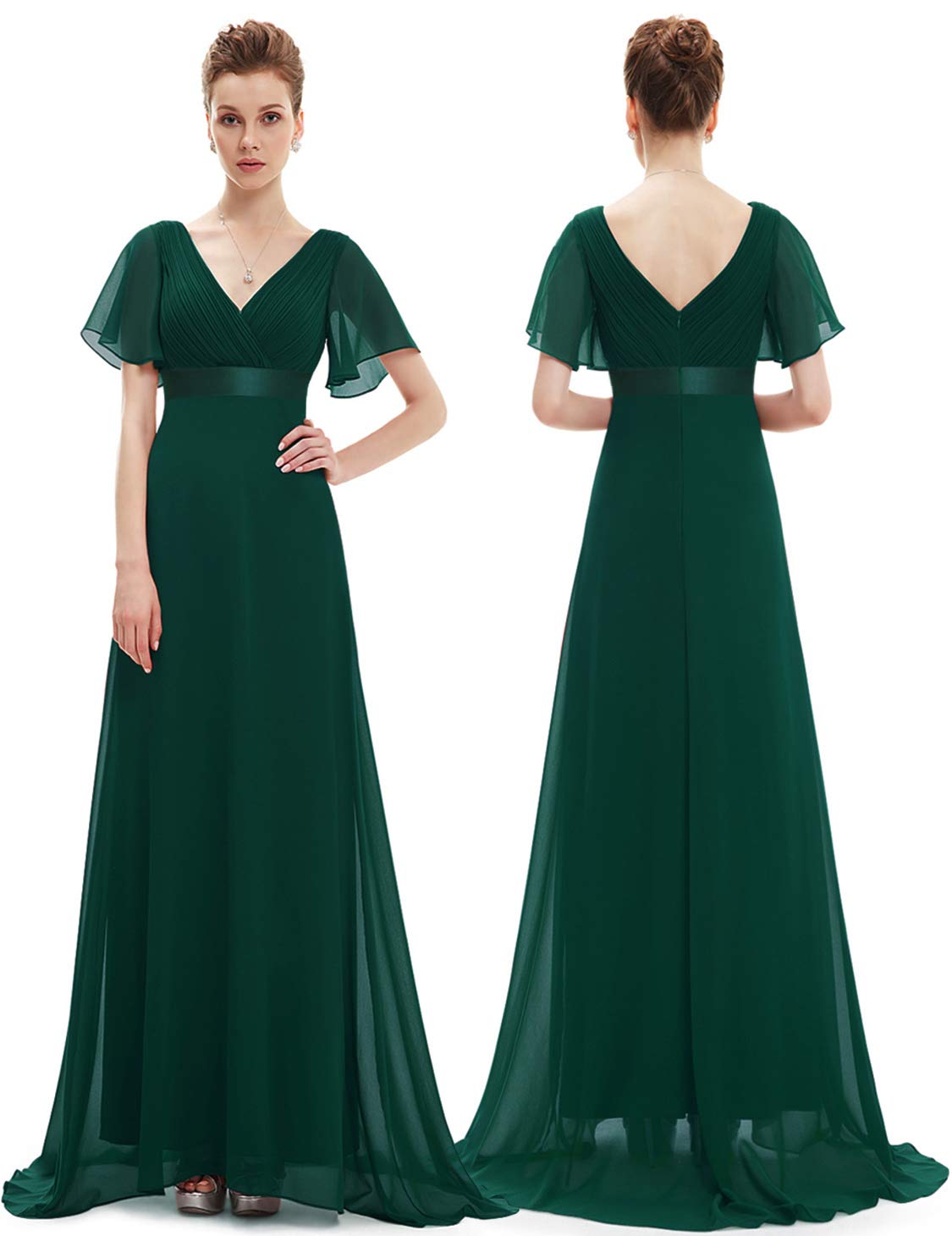 Ever-Pretty A-línea Vestido De Navidad Mujer Vestito de Gala Cuello en V Manga Corta Gasa Corte Imperio para Mujer Verde Oscuro 48