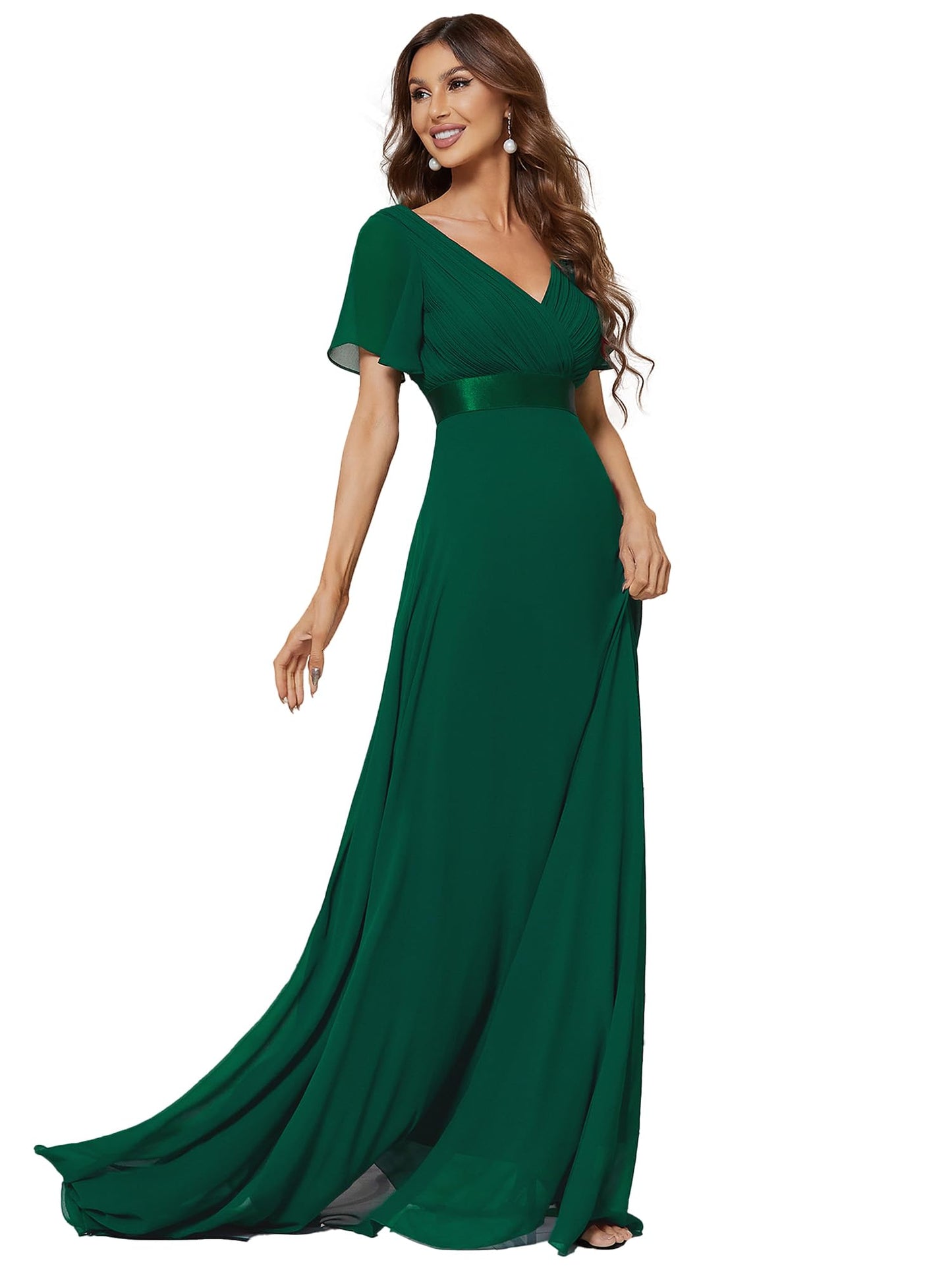 Ever-Pretty A-línea Vestido De Navidad Mujer Vestito de Gala Cuello en V Manga Corta Gasa Corte Imperio para Mujer Verde Oscuro 48