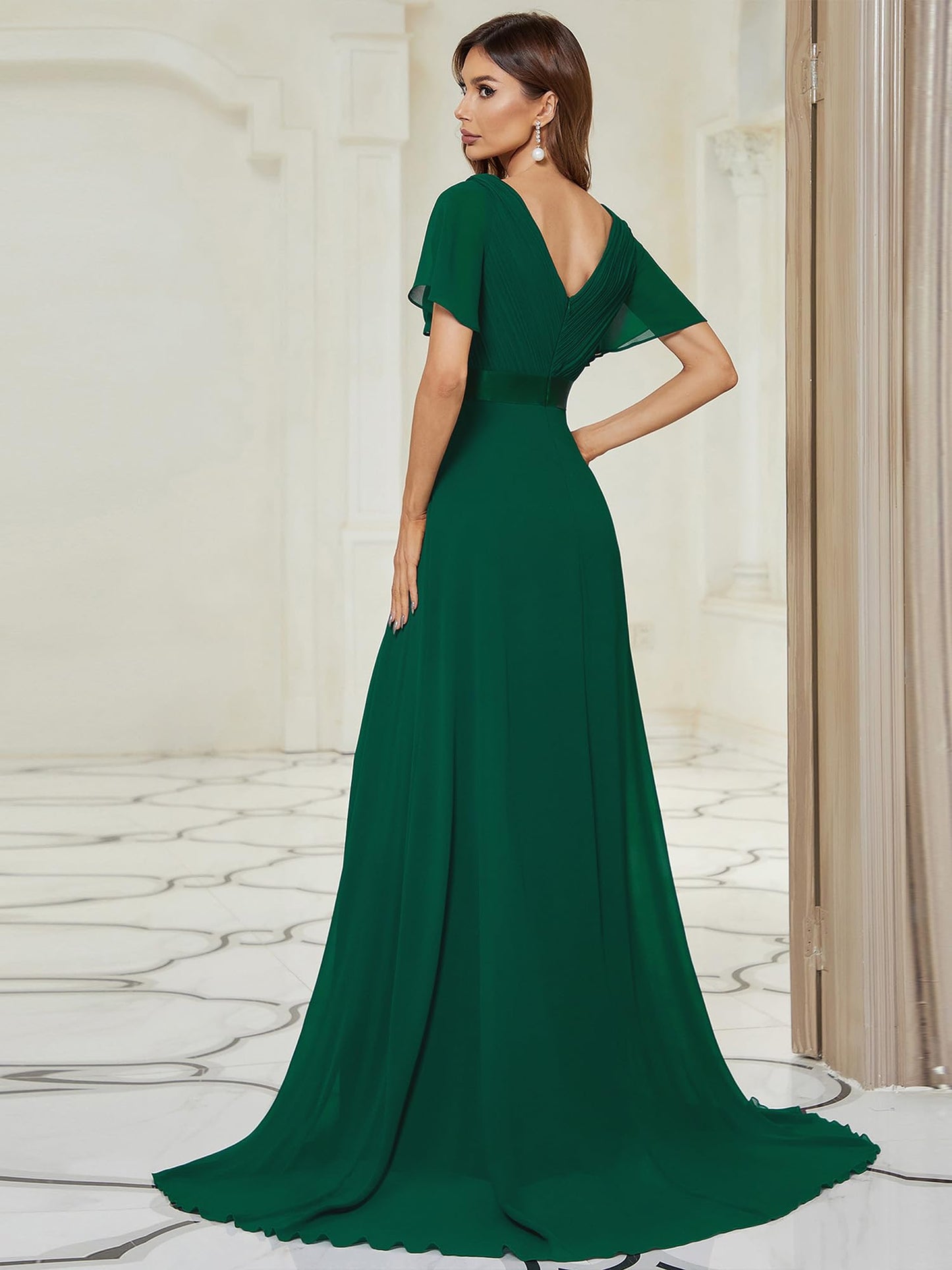 Ever-Pretty A-línea Vestido De Navidad Mujer Vestito de Gala Cuello en V Manga Corta Gasa Corte Imperio para Mujer Verde Oscuro 48