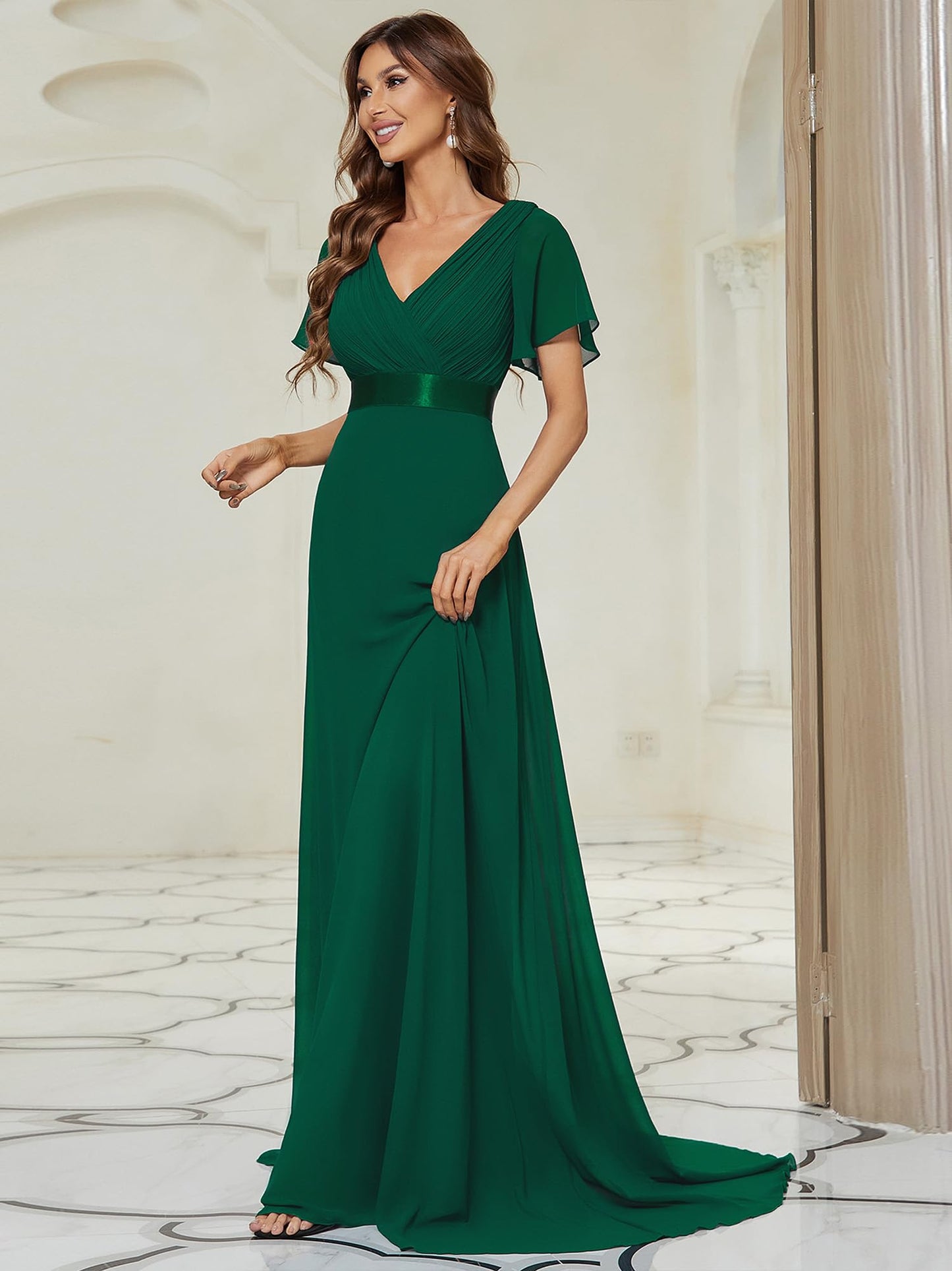 Ever-Pretty A-línea Vestido De Navidad Mujer Vestito de Gala Cuello en V Manga Corta Gasa Corte Imperio para Mujer Verde Oscuro 48